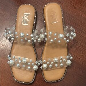 Hey Girl Clear Pearl-Embellished Slide Sandals - Tan